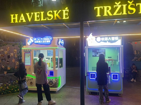 AI Robot Sundae Ice Cream Kiosk and AI Robot Coffee Printing Kiosk in Shenzhen Window of the World Melania Town